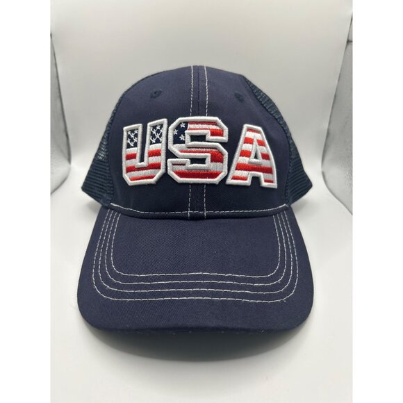 USA Flag Embroidered Trucker Hat Mesh Back Adjustable Snapback Navy Blue Cotton - Picture 7 of 7